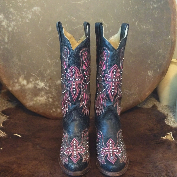 CORRAL A1049 pink/black Wing & cross snip toe blingy cowgirl western boots sz 6 - Picture 10 of 16
